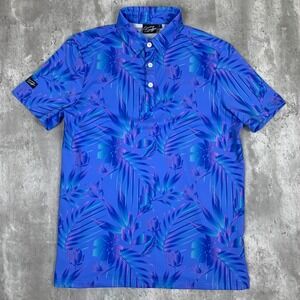 Sunday Swagger Polo Shirt Mens Small Blue Floral Casual Summer Button-Up Tee